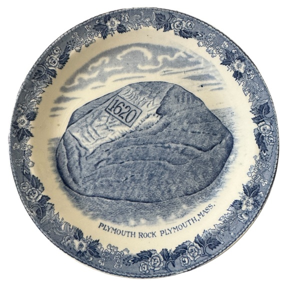 Plymouth Rock Thanksgiving 7” Diameter English Plate Staffordshire Blue & White - Picture 1 of 3